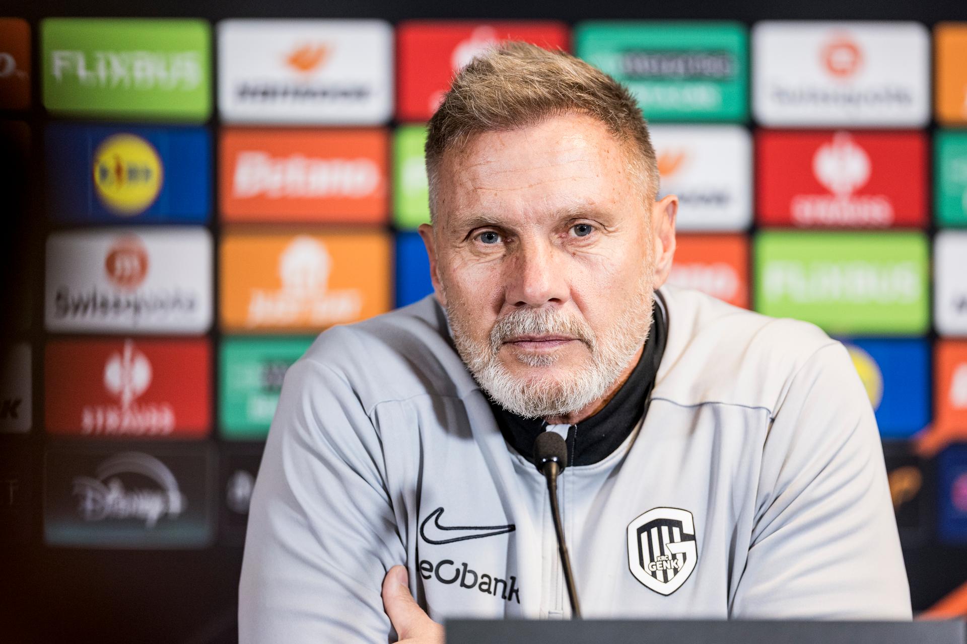 Genk's head coach Thorsten Fink pictured during a press conference of Belgian soccer team KRC Genk, on Wednesday 10 December 2025, in Herning, Denmark. The team prepares for tomorrow's match against Danish FC Midtjylland, game six (out of 8) in the league phase of the UEFA Europa League competition. BELGA PHOTO LASSE LAGONI