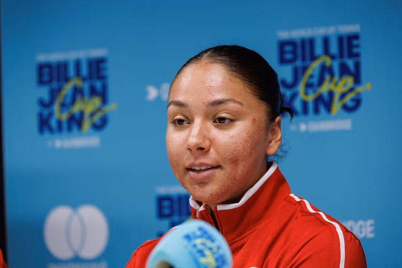 Belgian Sofia Costoulas pictured during a press conference of Belgian team ahead of the meeting between Belgium and USA, in the qualifiers of the Billie Jean King Cup tennis, in Oostende, Belgium, on Tuesday 07 April 2026. The game will be played on 10 and 11th April. PHOTO KURT DESPLENTER