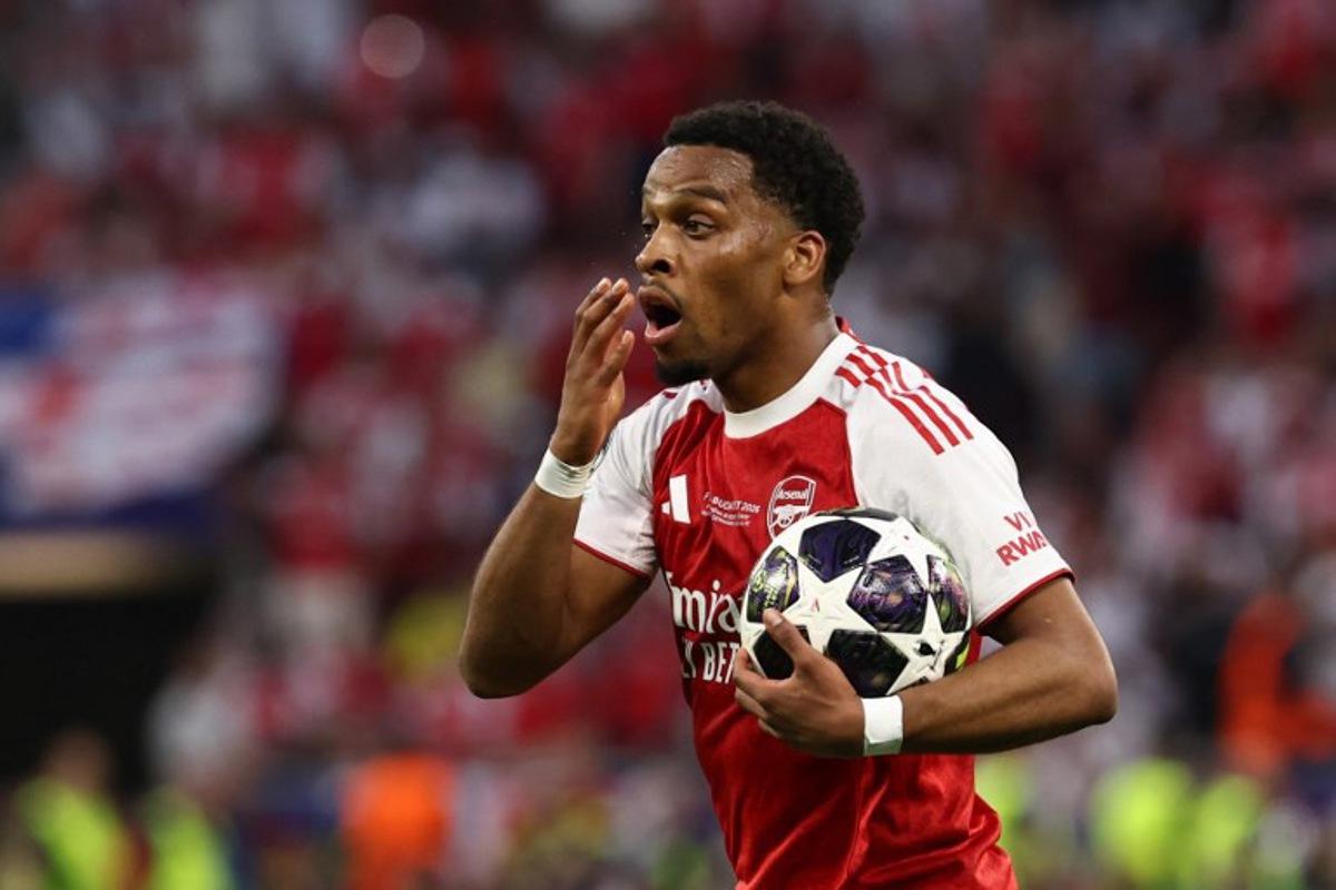 Arsenal's Dutch defender #12 Jurrien Timber reacts during the UEFA Champions League final football match between Paris Saint-Germain (PSG) and Arsenal FC at the Puskas Arena in Budapest on May 30, 2026. FRANCK FIFE / AFP