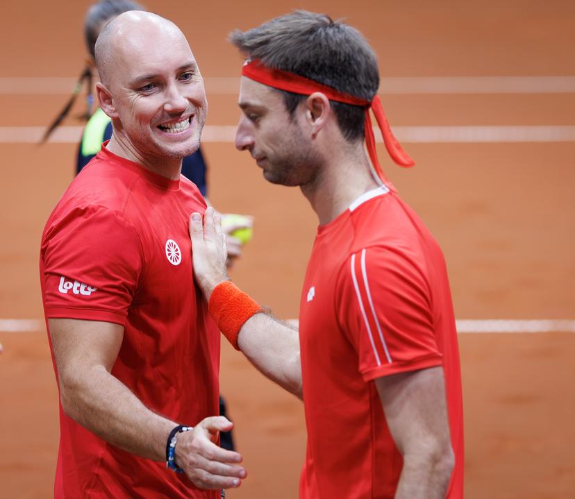 Belgian captain Steve Darcis and Belgian Sander Gille celebrate after winning a doubles tennis match between Bulgarian Donski/Nesterov and Belgian Gille/Vliegen, match 3 of the qualifier of the Davis Cup on Sunday 08 February 2026, in Plovdiv, Bulgaria. Belgium will compete this weekend in the Davis Cup qualifiers against Bulgaria. BELGA PHOTO BENOIT DOPPAGNE