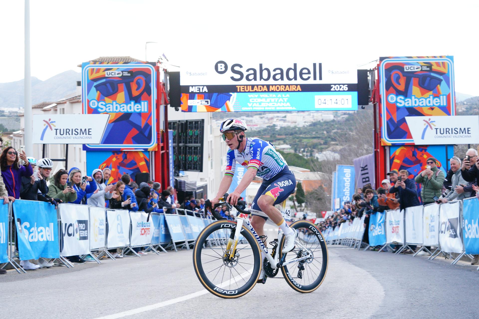 Belgian Remco Evenepoel crosses the finish line to win stage 4 of the 2026 Volta Comunitat Valenciana, Tour of Valencia cycling race, a race from La Nucia to Teulada Moraira (172,2 km), on Saturday 07 February 2026 in Spain. The race takes place from 4 to 8 February and runs through the three provinces of the Valencian Community. BELGA PHOTO JOMA GARCIA
