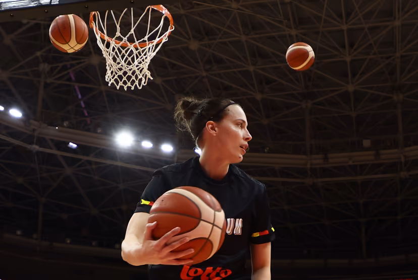 Belgium's Antonia Delaere pictured in action during the warming-up for a basket game between Belgium's national team Belgian Cats and Czech Republic, in Wuhan, China, on Tuesday 17 March 2026, the fifth game (out of 5) of the qualifications phase for the World Cup Basket tournament. BELGA PHOTO NIKOLA KRSTIC