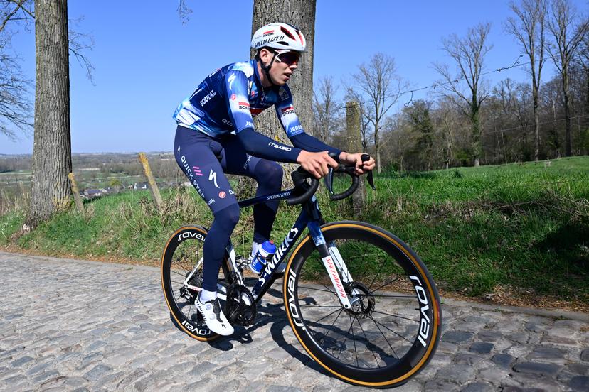 French Paul Magnier of Soudal Quick-Step pictured during a track reconaissance ahead of the Ronde van Vlaanderen/ Tour des Flandres/ Tour of Flanders cycling race, Thursday 03 April 2025. The 109th edition of the cycling race will take place on Sunday 06 April. BELGA PHOTO DIRK WAEM