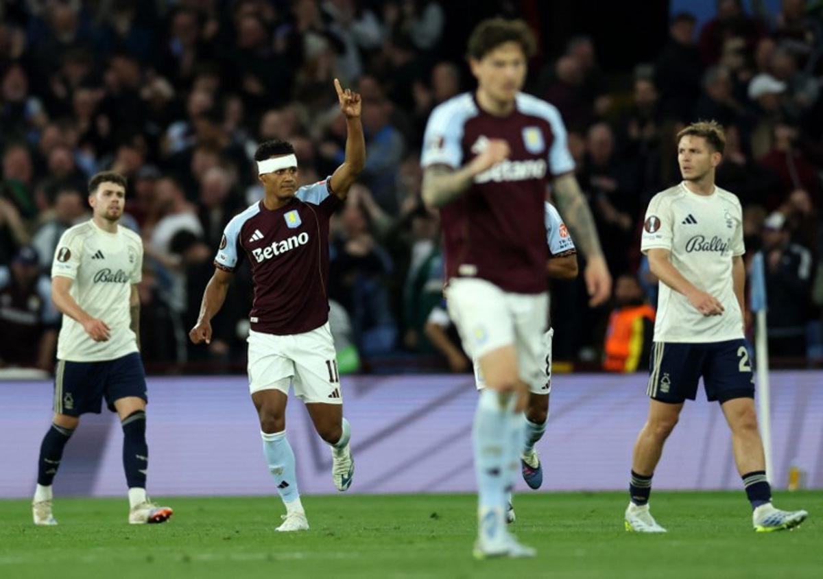 Aston Villa's English striker #11 Ollie Watkins celebrates scoring the opening goal during the UEFA Europa League, semi-final second-leg football match between Aston Villa and Nottingham Forest at Villa Park in Birmingham, central England on May 7, 2026. Darren Staples / AFP