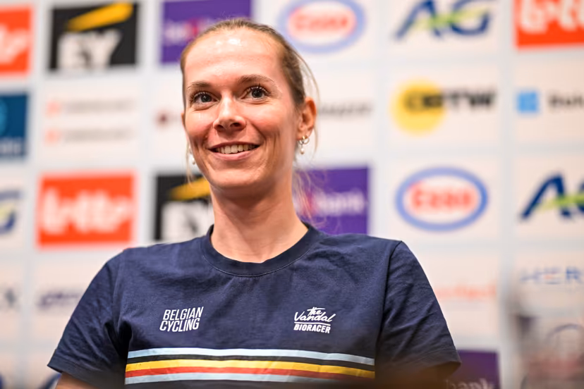 Belgian Sandrine Tas is pictured during a press conference ahead of the cycling European Championships, in Ljubljana, Slovenia, Friday 2 October 2026. The UEC road championships are taking place from 03 to 07 October. BELGA PHOTO DAVID PINTENS