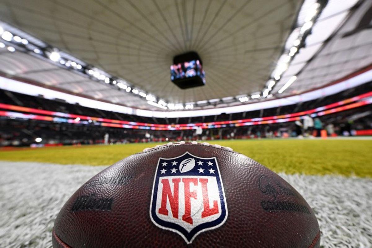 The ball is pictured prior to the NFL game between Miami Dolphins and Kansas City Chiefs at the Waldstadion in Frankfurt am Main, western Germany on November 5, 2023. Kirill KUDRYAVTSEV / AFP