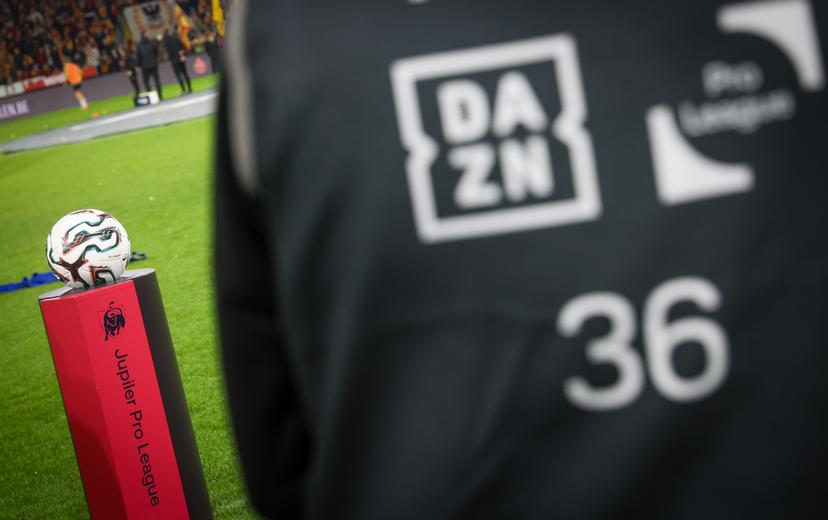This image shows illustration images of DAZN, the football of the competition and the Pro League at a soccer match between KV Mechelen and Standard de Liege, Friday 28 November 2025 in Mechelen, on day 16 of the 2025-2026 'Jupiler Pro League' first division of the Belgian championship. BELGA PHOTO VIRGINIE LEFOUR