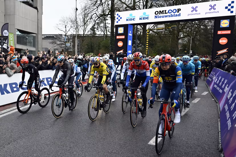 British Tom Pidcock of Ineos Grenadiers, Belgian Arnaud De Lie of Lotto Dstny, Belgian Wout van Aert of Team Visma-Lease a Bike, Belgian Jasper Stuyven of Lidl-Trek and French Christophe Laporte of Team Visma-Lease a Bike pictured at the start of the 79th edition of the men's one-day cycling race Omloop Het Nieuwsblad (UCI World Tour), 202km from Gent to Ninove, Saturday 24 February 2024. BELGA PHOTO DIRK WAEM