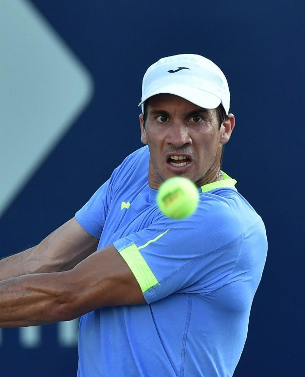 Argentine Facundo Bagnis returns the ball against US' Ernesto Escobedo during their Mexico ATP Open 250 men's singles tennis match at the Cabo Sports Complex in Los Cabos, Mexico, on August 2, 2022. RODRIGO ARANGUA / AFP