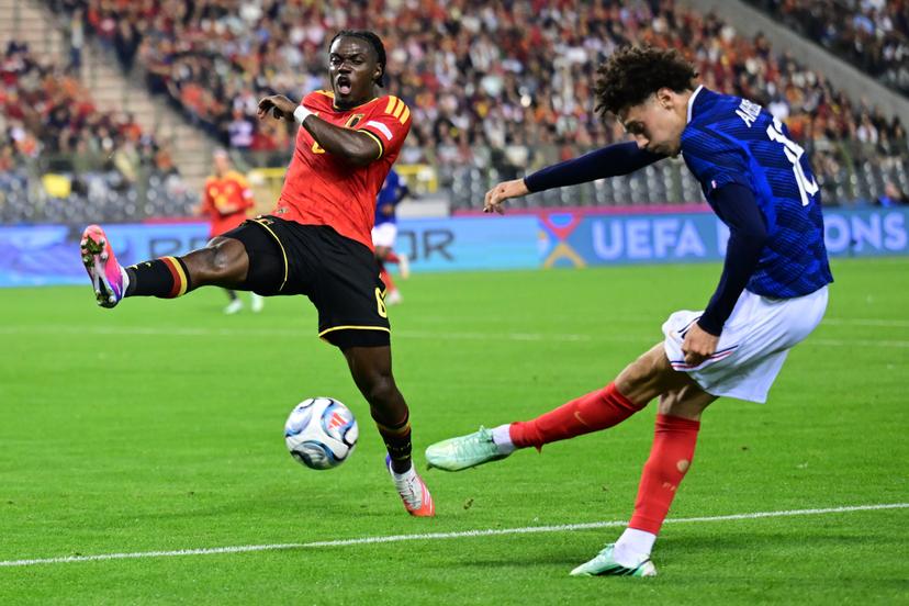 Belgium's Romeo Lavia and France's Maghnes Akliouche pictured during a soccer game between Belgian national team Red Devils and France, on Monday 28 September 2026 in Brussels, the second game of the UEFA Nations League group stage. BELGA PHOTO DIRK WAEM