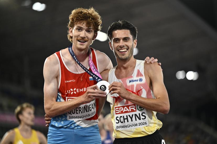 Belgian Remi Schyns (R) poses with Ruben Querinjean after the men's 3000m steeplechase, at on the seventh and last day of the European Athletics Championships (August 10-18) in Birmingham, United Kingdom, on Sunday 16 August 2026. BELGA PHOTO ERIC LALMAND