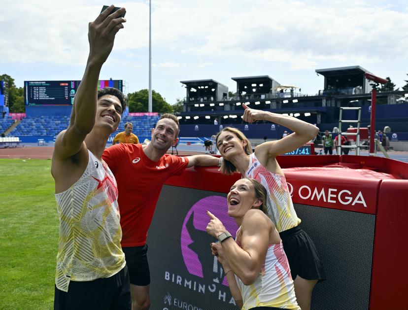 Belgian Jonathan Sacoor, athlete Robin Vanderbemden, Belgian Helena Ponette and Belgian Paulien Couckuyt pictured during a training session in preparation of the European Athletics Championships (August 10�18), in Birmingham, United Kingdom, on Sunday 09 August 2026. BELGA PHOTO ERIC LALMAND