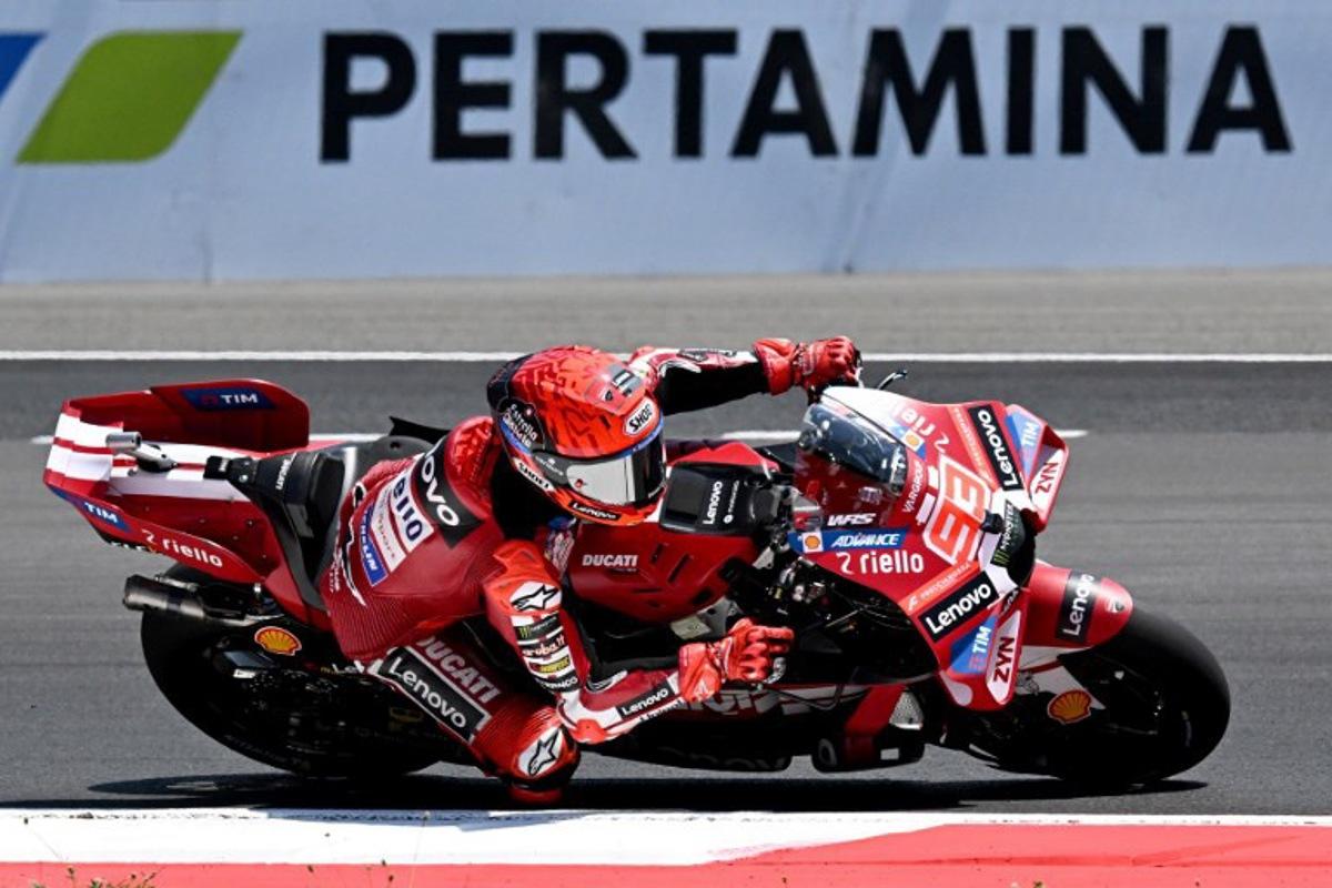 Ducati Lenovo Team rider Marc Marquez of Spain takes part in a free practice ahead of the MotoGP Indonesian Grand Prix at the Mandalika International Circuit in Mandalika on October 9, 2026. SONNY TUMBELAKA / AFP