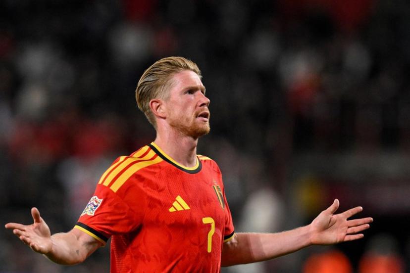 Belgium's midfielder #07 Kevin De Bruyne celebrates after scoring his team second goal during the UEFA Nations League, League A - Group 1, football match between Belgium and Turkey at the Maurice Dufrasne stadium, in Liege, eastern Belgium on October 2, 2026. JOHN THYS / AFP