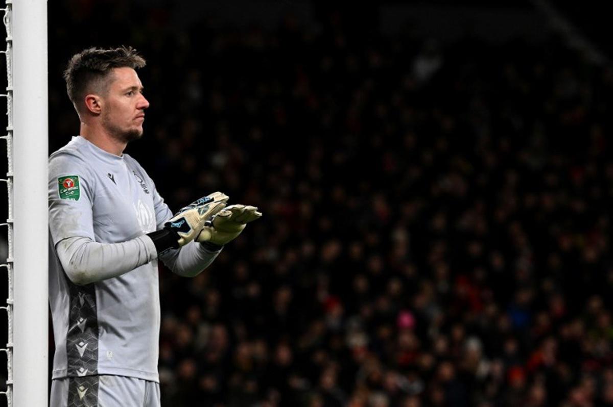 Nottingham Forest's Welsh goalkeeper Wayne Hennessey reacts during the English League Cup semi-final second-leg football match between Manchester United and Nottingham Forest at Old Trafford in Manchester, north west England, on February 1, 2023. Paul ELLIS / AFP