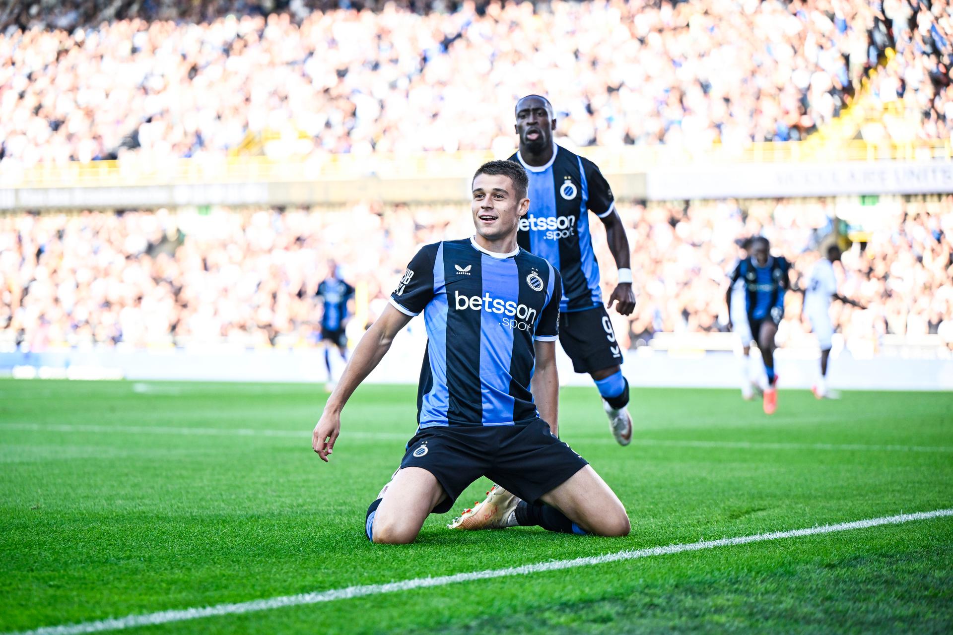 Club's Nicolo Tresoldi celebrates after scoring during a soccer match between Club Brugge and Cercle Brugge, Sunday 23 August 2026 in Brugge, on day 3 of the 2026-2027 'Jupiler Pro League' first division of the Belgian championship. BELGA PHOTO TOM GOYVAERT