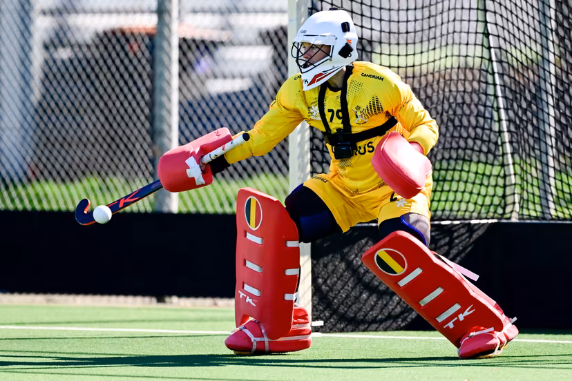 Belgium's goalkeeper Elodie Picard pictured during a training session with the new coach of Belgian national women hockey team 'the Red Panthers', in Antwerp, Tuesday 18 March 2025. BELGA PHOTO DIRK WAEM