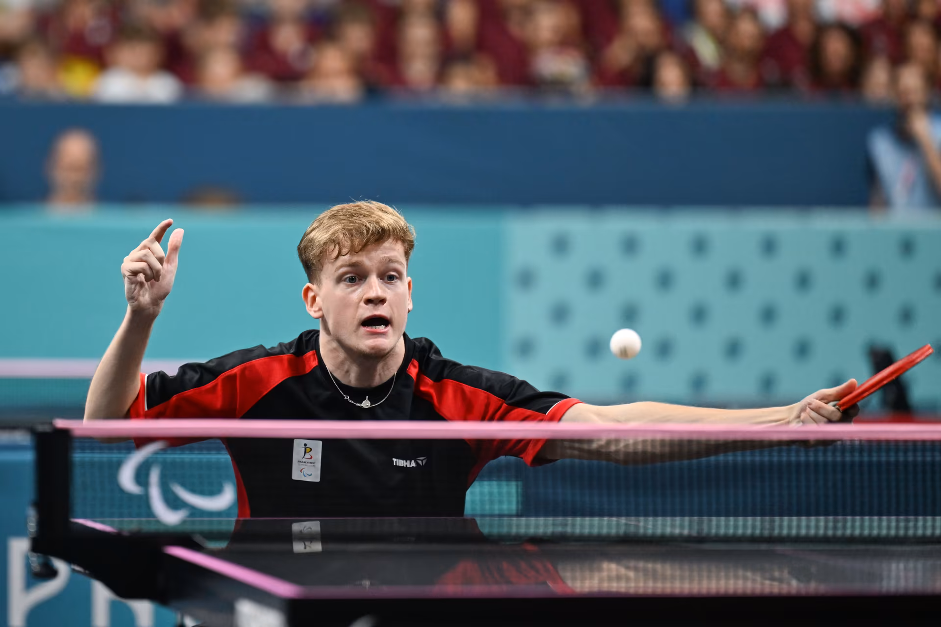 Laurens Devos of Team Belgium competes during the Para Table Tennis Men's Singles- MS9 final match on day ten of the Paris 2024 Summer Paralympic Games at South Paris Arena on September 07, 2024 in Paris, France. Photo by Tomas Stevens/ABACAPRESS.COM BENELUX ONLY