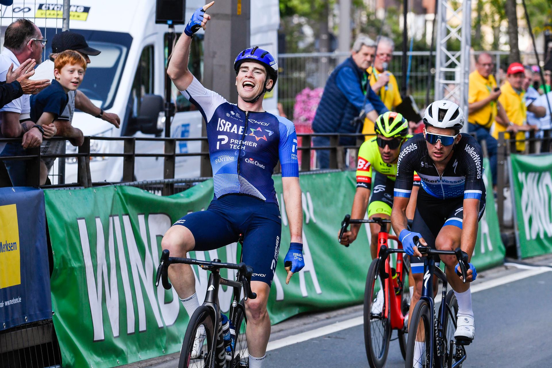 Belgian Floris Van Tricht of Israel-Premier Tech celebrates as he crosses the finish line to win the Schaal Sels Merksem, men's elite one day cycling race in Merksem, Antwerp, Sunday 25 August 2024. BELGA PHOTO GOYVAERTS
