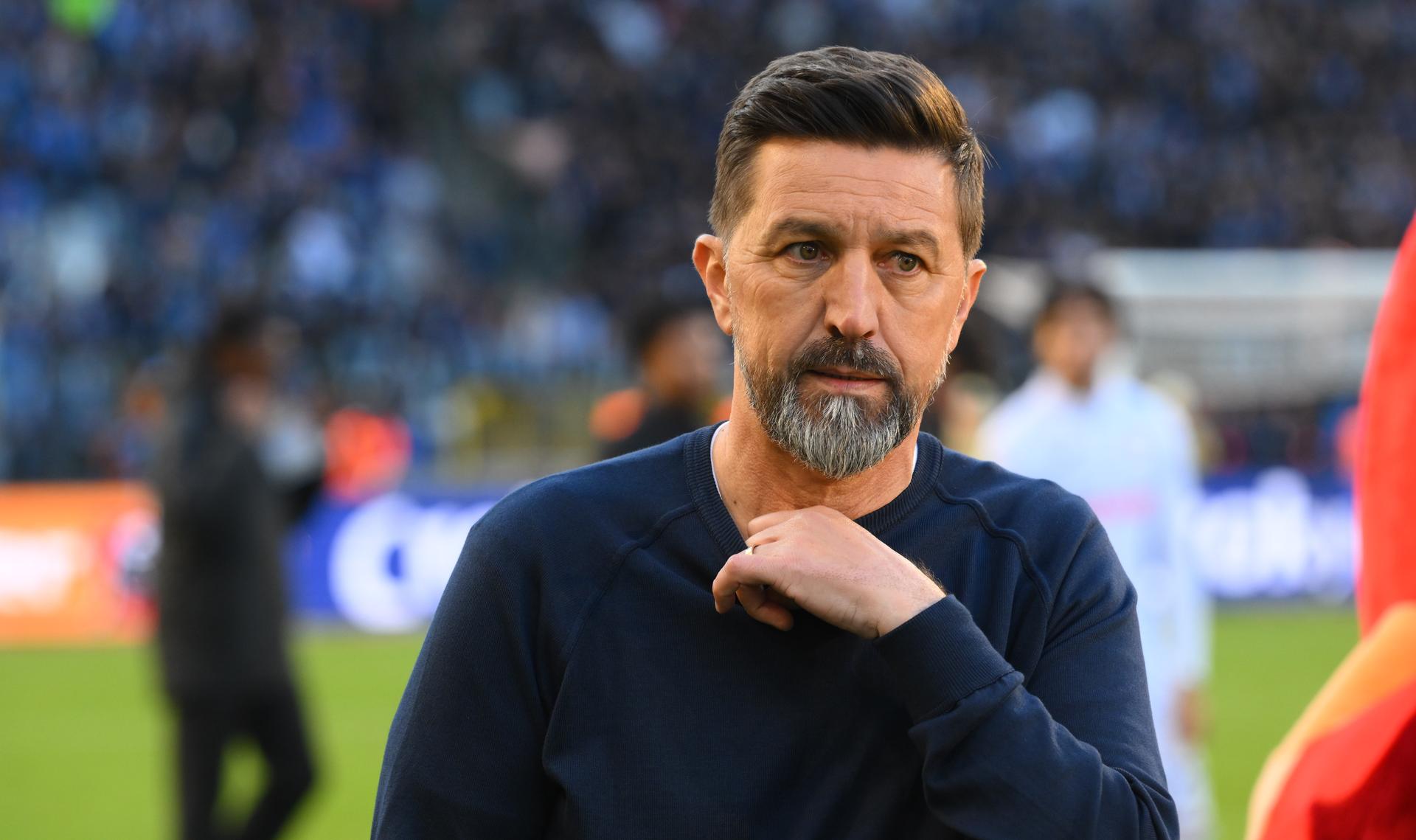 Anderlecht's head coach Besnik Hasi looks dejected after losing a soccer game between Club Brugge and RSC Anderlecht in Brussels, Sunday 04 May 2025, the final of the 'Croky Cup' Belgian soccer cup. BELGA PHOTO JOHN THYS