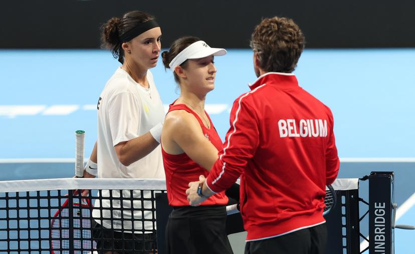 Begian Jana Otzipka and Osaka's coach Wim Fissette pictured after a tennis match between Ukrainian Kalinina and Belgian Otzipka, the first rubber in the tie between Belgium and Ukraine in the Quarter Finals of the Billie King Cup tournament, on Thursday 24 September 2026 in Shenzhen, China. BELGA PHOTO VIRGINIE LEFOUR