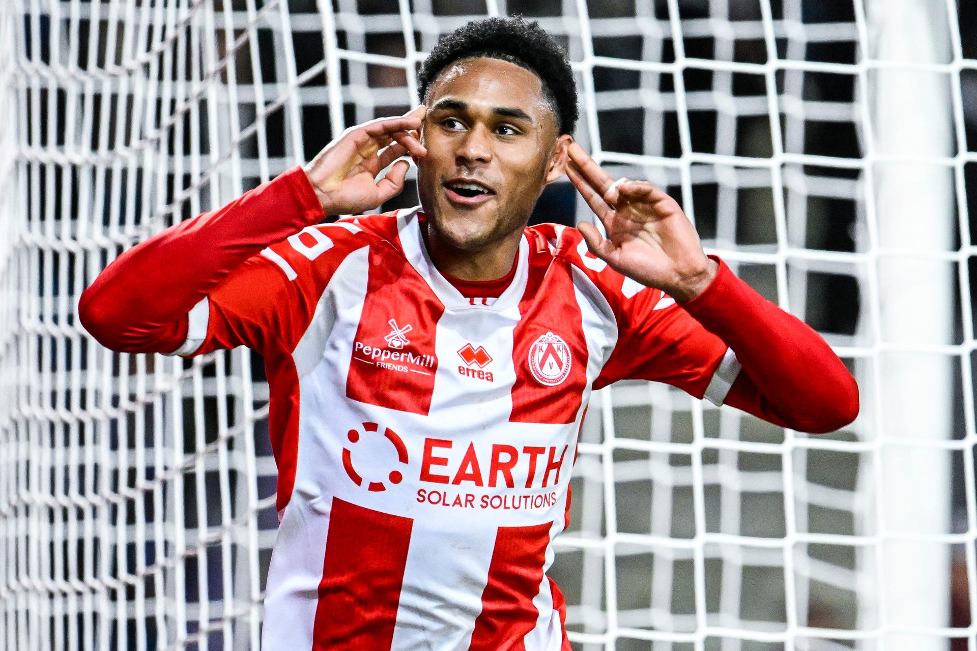 Kortrijk Manuel Osifo celebrates after scoring during a soccer game between Beerschot VA and KV Kortrijk, Sunday 02 November 2025 in Antwerp, on day 12 of the 2025-2026 'Challenger Pro League' 1B second division of the Belgian championship. BELGA PHOTO TOM GOYVAERTS
