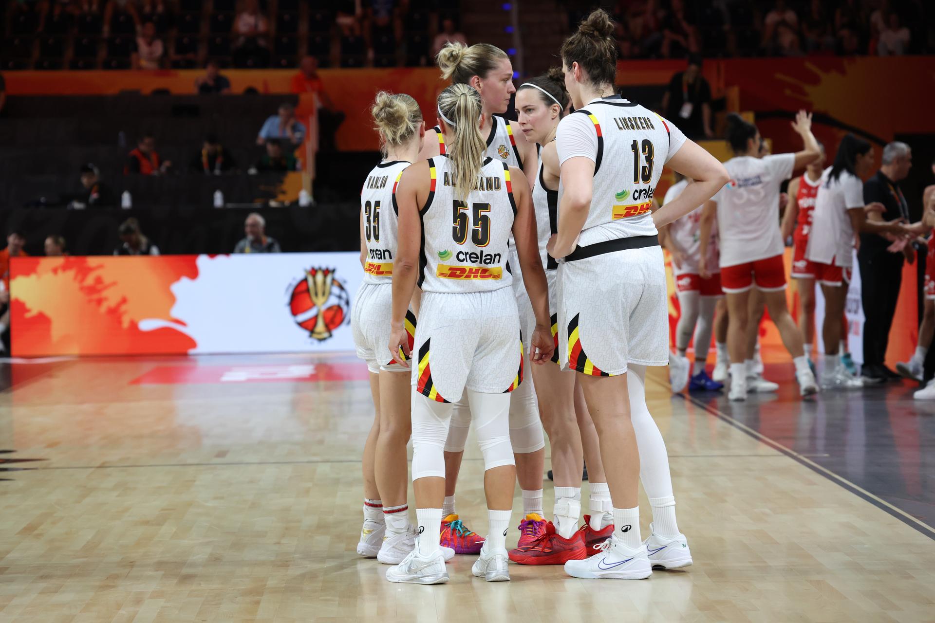 Belgium's Emma Meesseman; Belgium's Kyara Linskens; Belgium's Julie Allemand; Belgium's Antonia Delaere and Belgium's Julie Vanloo pictured during a game between Belgian national basketball team Belgian Cats and Turkey, game 1 of the group phase at the FIBA Women's Basketball World Cup, on Friday 4 September 2026, in Berlin, Germany. The FIBA Women's Basketball World Cup takes place in Berlin from 4 to 23 September 2026. BELGA PHOTO VIRGINIE LEFOUR