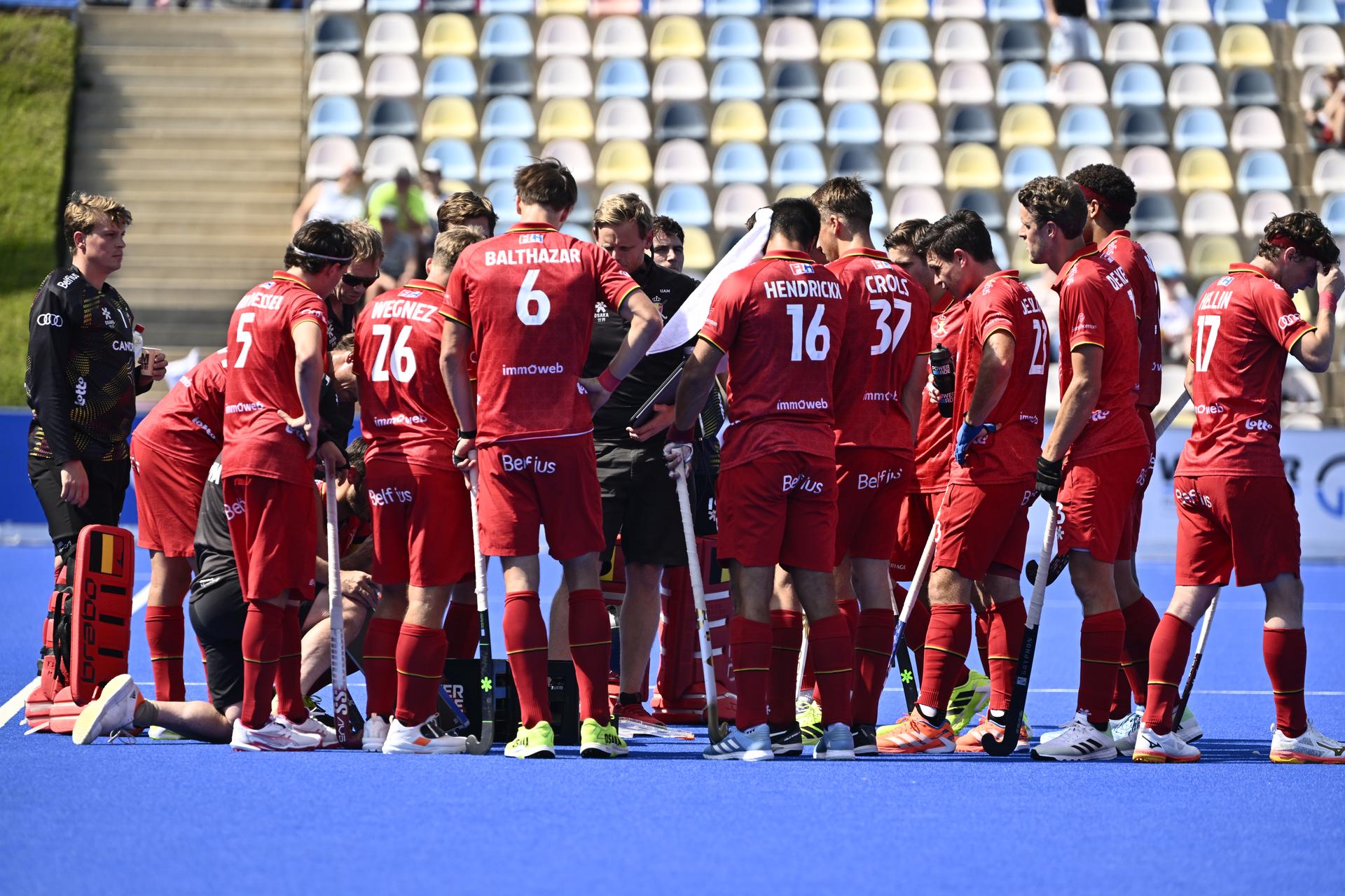 The Red Lions are pictured during a hockey game between Spain and the Belgian national team Red Lions, match 3/3 in the pool stage of the 2025 men's European championships, Tuesday 12 August 2025 in Monchengladbach, Germany. BELGA PHOTO ERIC LALMAND