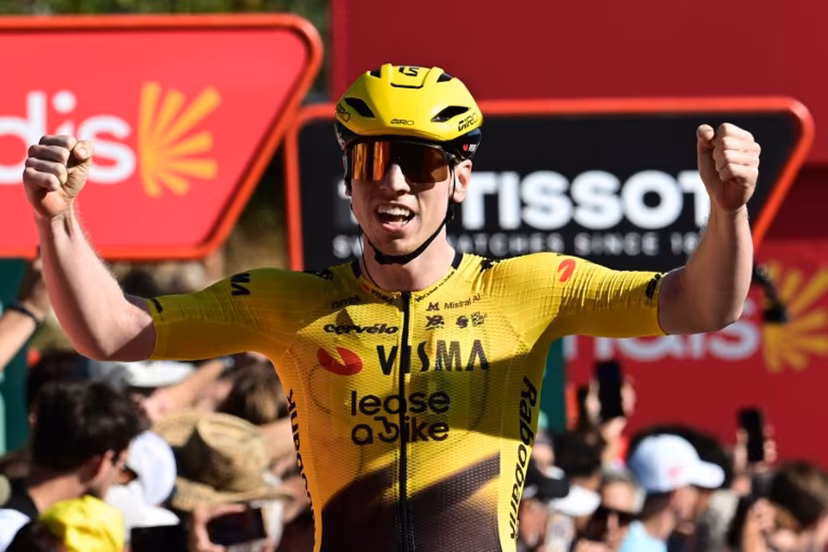Team Visma-Lease a bike's British rider Matthew Brennan celebrates winning the second stage of the Vuelta a Espana 2026, a 214.3 km race between Monaco and Manosque on August 23, 2026. Miguel MEDINA / AFP