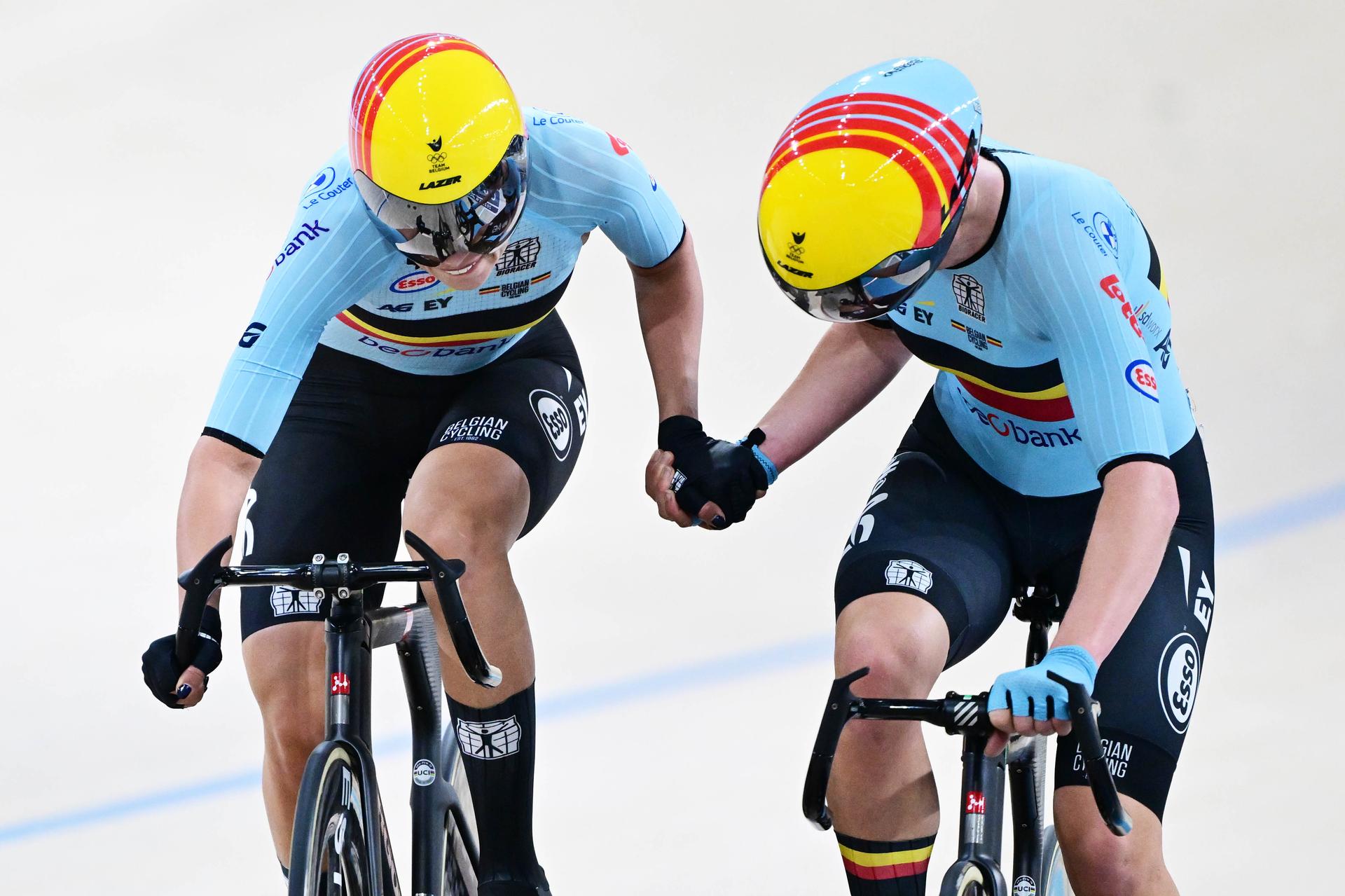 Belgian Shari Bossuyt and Belgian Lotte Kopecky pictured in action during the women's Madison final at the fifth and last day of the 2026 UEC Track Elite European Championships, in Konya, Turkey, Thursday 05 February 2026. The European Championships take place from 01 to 05 February 2026. BELGA PHOTO DIRK WAEM