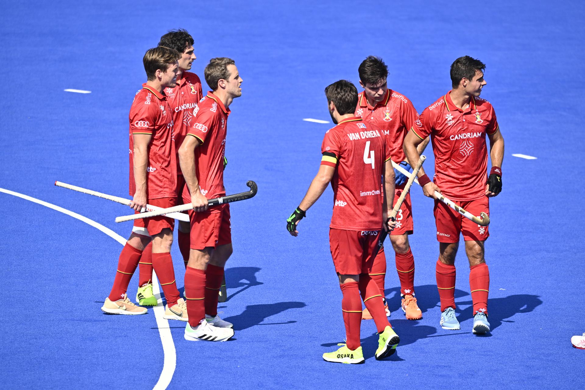 The Red Lions react during a hockey game between Spain and the Belgian national team Red Lions, match 3/3 in the pool stage of the 2025 men's European championships, Tuesday 12 August 2025 in Monchengladbach, Germany. BELGA PHOTO ERIC LALMAND