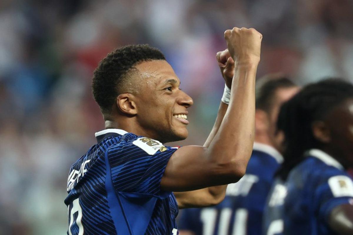 France's forward #10 Kylian Mbappe celebrates scoring his team's second goal during the 2026 World Cup Group I football match between France and Iraq at the Philadelphia Stadium in Philadelphia on June 22, 2026. FRANCK FIFE / AFP