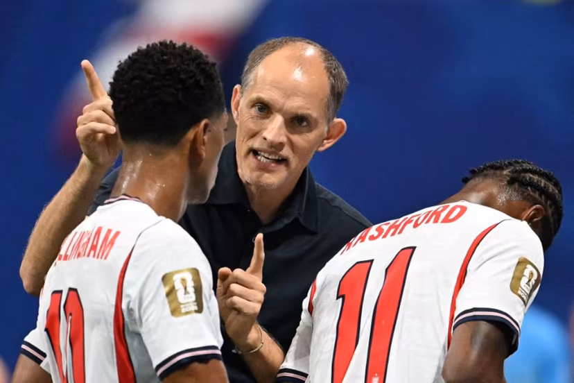 England's German head coach Thomas Tuchel gives instructions to England's midfielder #10 Jude Bellingham during the 2026 World Cup round of 32 match football between England and the Democratic Republic of Congo at the Atlanta Stadium in Atlanta on July 1, 2026. ROBERTO SCHMIDT / AFP