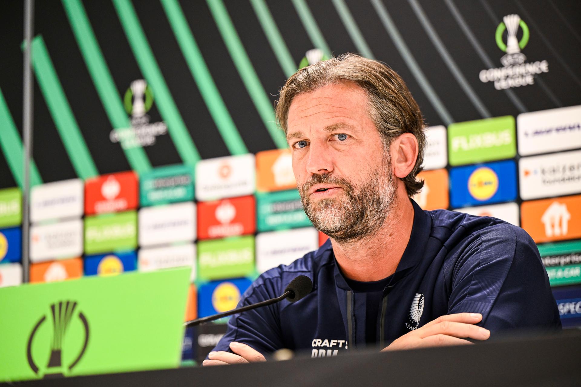 Gent's head coach Rik De Mil pictured during a press conference of Belgian soccer team KAA Gent, Wednesday 14 October 2026 in Gent. The team is preparing for the opening match of the UEFA Conference League league phase against Danish Aarhus GF tomorrow. BELGA PHOTO TOM GOYVAERT