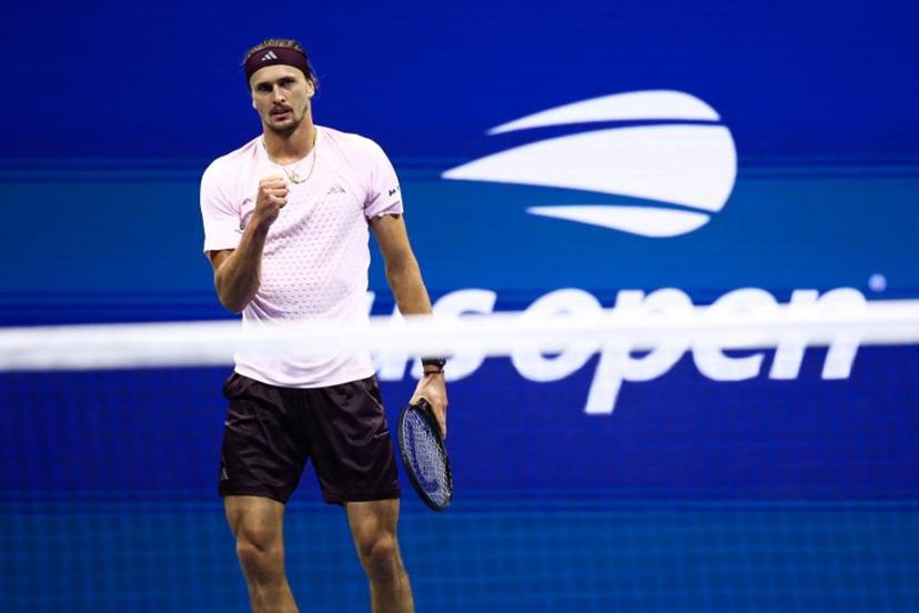 Germany's Alexander Zverev returns the ball to Netherlands' Botic van de Zandschulp during the men's singles quarter-final tennis match on day eleven of the US Open tennis tournament at the USTA Billie Jean King National Tennis Center in New York City on September 9, 2026. CHARLY TRIBALLEAU / AFP