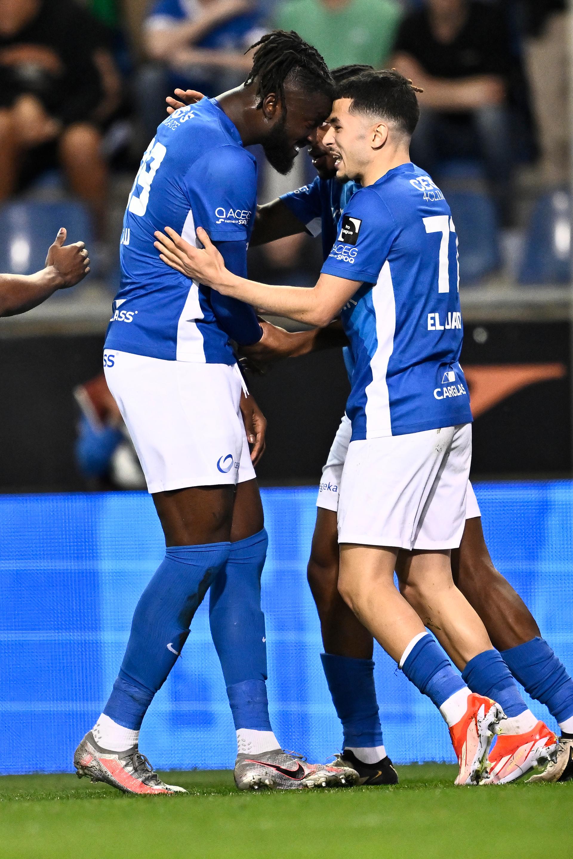 Genk's Tolu Toluwalase Arokodare and Genk's Zakaria El Ouahdi celebrate after scoring during a soccer match between KRC Genk and Cercle Brugge , Saturday 13 April 2024 in Genk, on day 3 (out of 10) of the Champions' Play-offs of the 2023-2024 'Jupiler Pro League' first division of the Belgian championship. BELGA PHOTO JOHAN EYCKENS