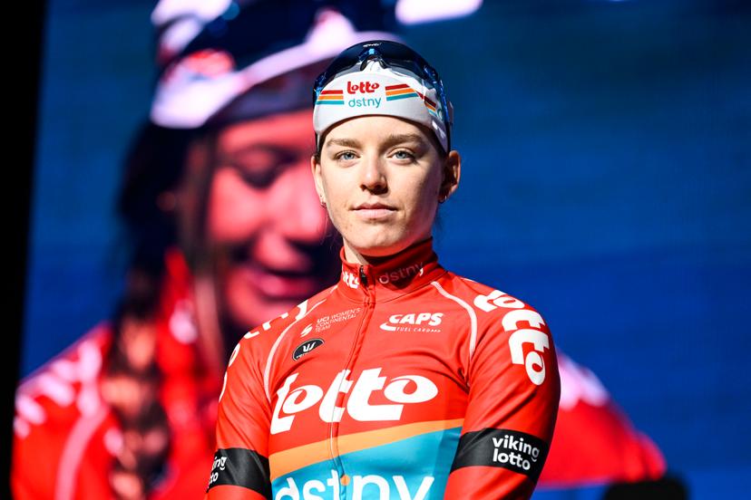 Belgian Katrijn De Clercq of Lotto Dstny Ladies pictured ahead of the women's one-day cycling race Omloop Het Nieuwsblad, for the first time part of the Women's World Tour races, 132,2 km from Gent to Ninove, Saturday 25 February 2023. BELGA PHOTO TOM GOYVAERTS