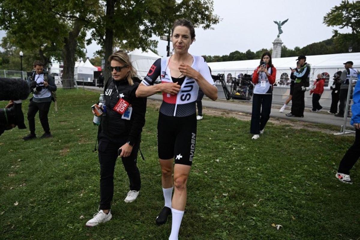 Switzerland's Marlen Reusser is seen after racing during the 2026 Union Cycliste Internationale (UCI) Road World Championships in Montreal, Quebec, on September 20, 2026. Andrej Ivanov / AFP
