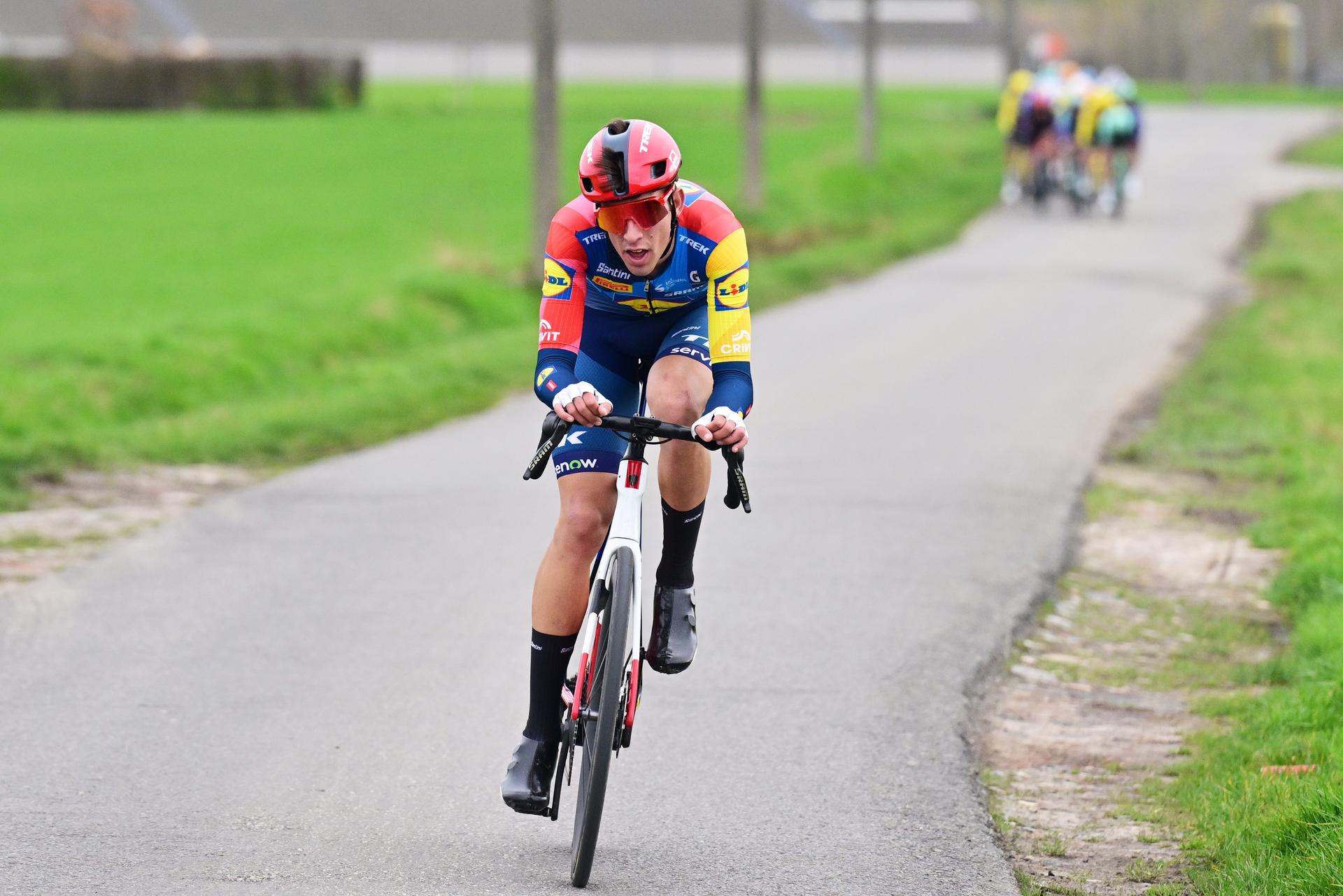 Latvia's Toms Skujins of Lidl-Trek pictured in action during the 78th edition of the men elite race of the Kuurne-Brussels-Kuurne one day cycling race, 195 km from Kuurne to Kuurne via Brussels, Sunday 01 March 2026. BELGA PHOTO DIRK WAEM