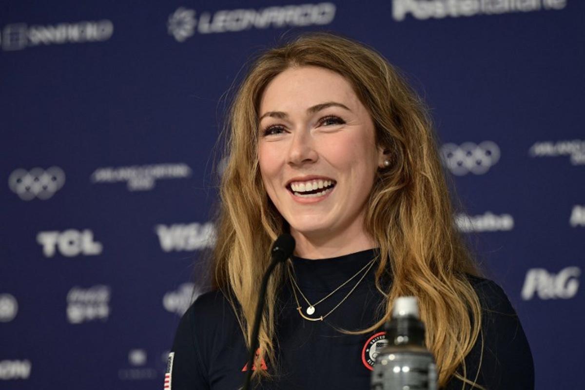 US' alpine skier Mikaela Shiffrin speaks during a press conference during the Milano Cortina 2026 Winter Olympic Games at the Cortina Curling Olympic Stadium in Cortina d'Ampezzo on February 7, 2026. Stefano RELLANDINI / AFP