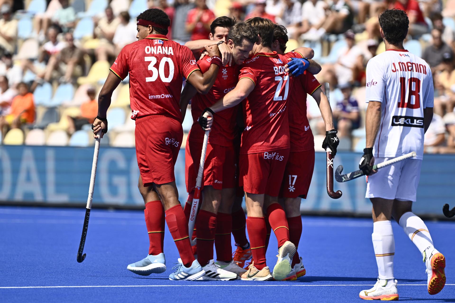 The Red Lions are pictured during a hockey game between Spain and the Belgian national team Red Lions, match 3/3 in the pool stage of the 2025 men's European championships, Tuesday 12 August 2025 in Monchengladbach, Germany. BELGA PHOTO ERIC LALMAND