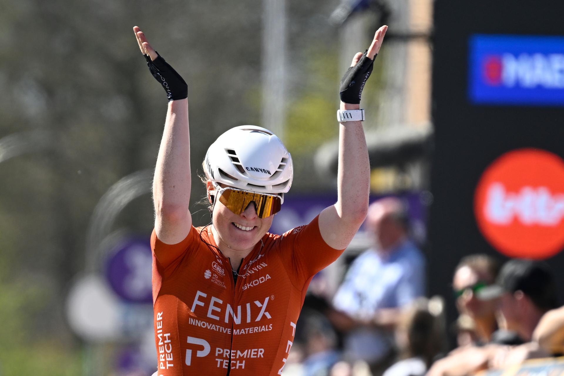 Dutch Charlotte Kool of Fenix-Premier Tech celebrates after winning the women's race of the 'Scheldeprijs' one day cycling event, 130,3km from and to Schoten on Wednesday 08 April 2026. BELGA PHOTO TOM GOYVAERTS