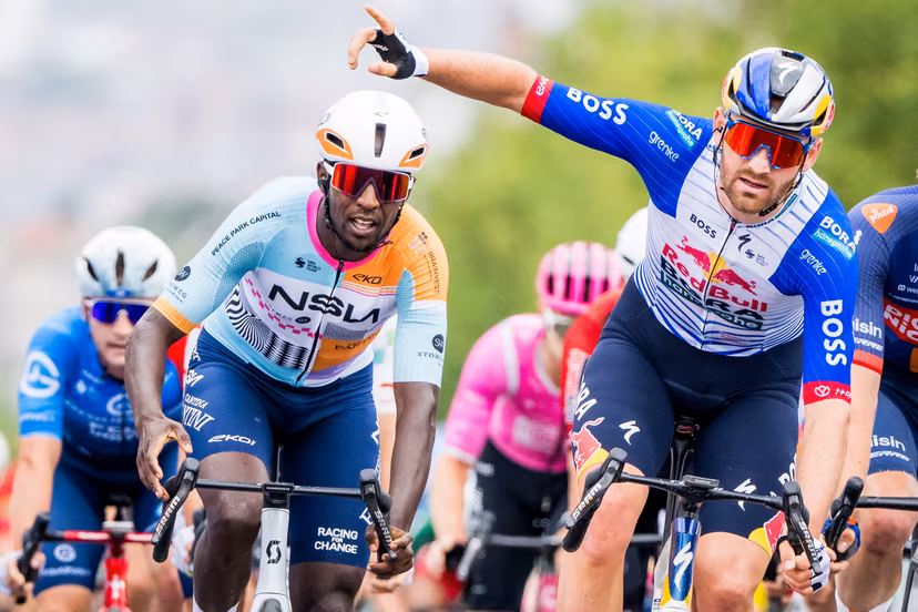 Eritrean Biniam Girmay of NSN Cycling Team, Belgian Jordi Meeus of Red Bull-BORA-hansgrohe and Belgian Milan Fretin of Cofidis sprint for the finish of the fifth stage of the Tour De Wallonie cycling race, from Bassenge to Aubel (176,4 km), on Friday 05 June 2026. BELGA PHOTO DAVID PINTENS