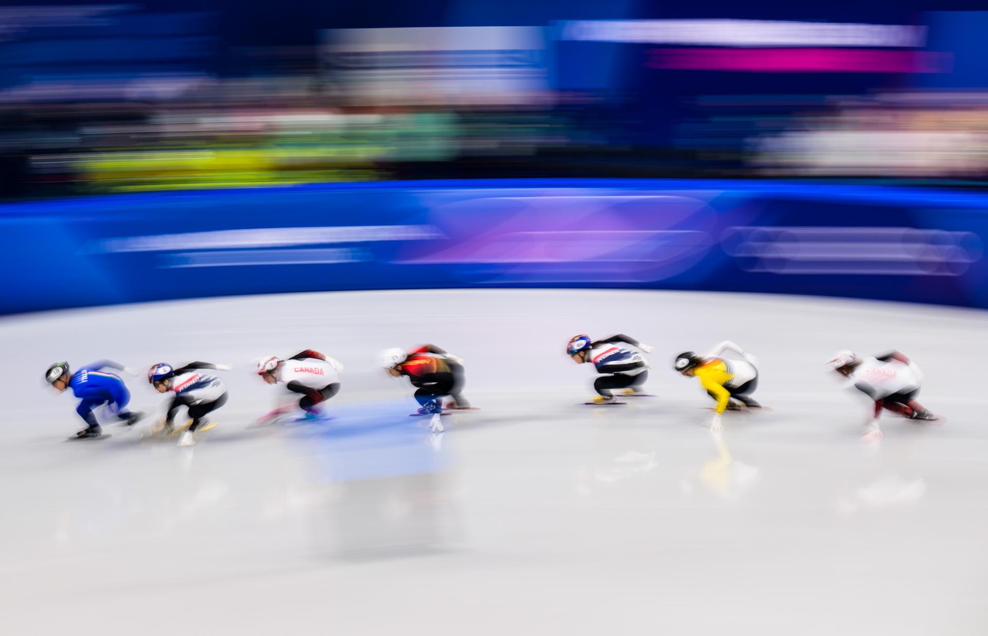 260220 Arianna Fontana of Italy, Gilli Kim of South Korea, Danae Blais of Canada, Chutong Zhang of China, Dohee Noh of South Korea, Hanne Desmet of Belgium and Kim Boutin of Canada compete in women's short track speed skating 1500 meters semifinals during day 14 of the 2026 Winter Olympics on February 20, 2026 in Milan. Photo: Joel Marklund / BILDBYRÅN / kod JM / JM0800 bbeng skridskor speed skating short track speed skating olympic games olympics winter olympics os ol olympiska spel vinter-os olympiske leker milano cortina 2026 milan cortina 2026 milano cortina 2026 olympic games milano cortina 2026 winter olympic games milano cortina-os milano cortina-ol vinter-ol dam BELGA PHOTO BENELUX ONLY