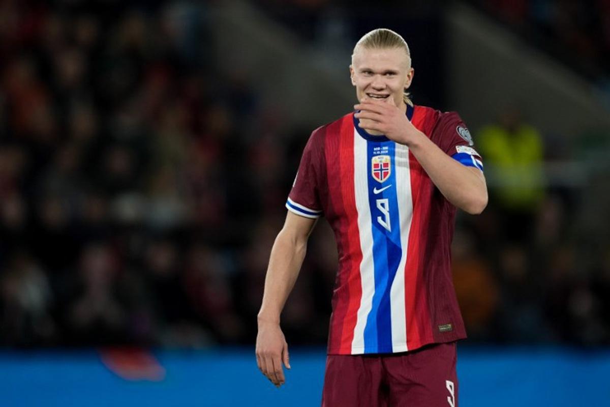 Norway's forward #09 Erling Braut Haaland reacts during the 2026 World Cup qualifiers Europe zone group I football match between Norway and Israel on October 11, 2025 in Oslo, Norway. Fredrik Varfjell / NTB / AFP