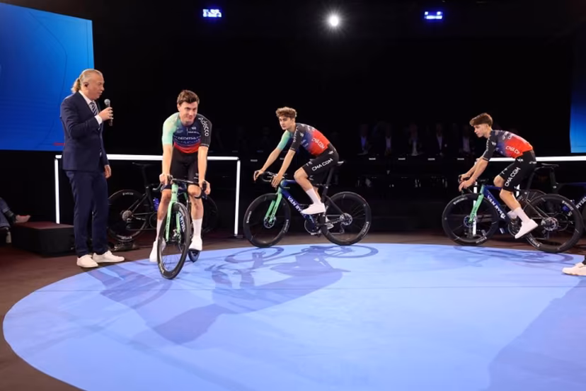 (From 2L) Decathlon-CMA CGM's Dutch cyclist Olav Kooij, French rider Paul Seixas and French rider Antoine L'Hote attend the presentation of the new Decathlon CMA-GGM cycling team at the Decathlon Campus in Villeneuve-d'Ascq, northern France on December 11, 2025. Francois LO PRESTI / AFP