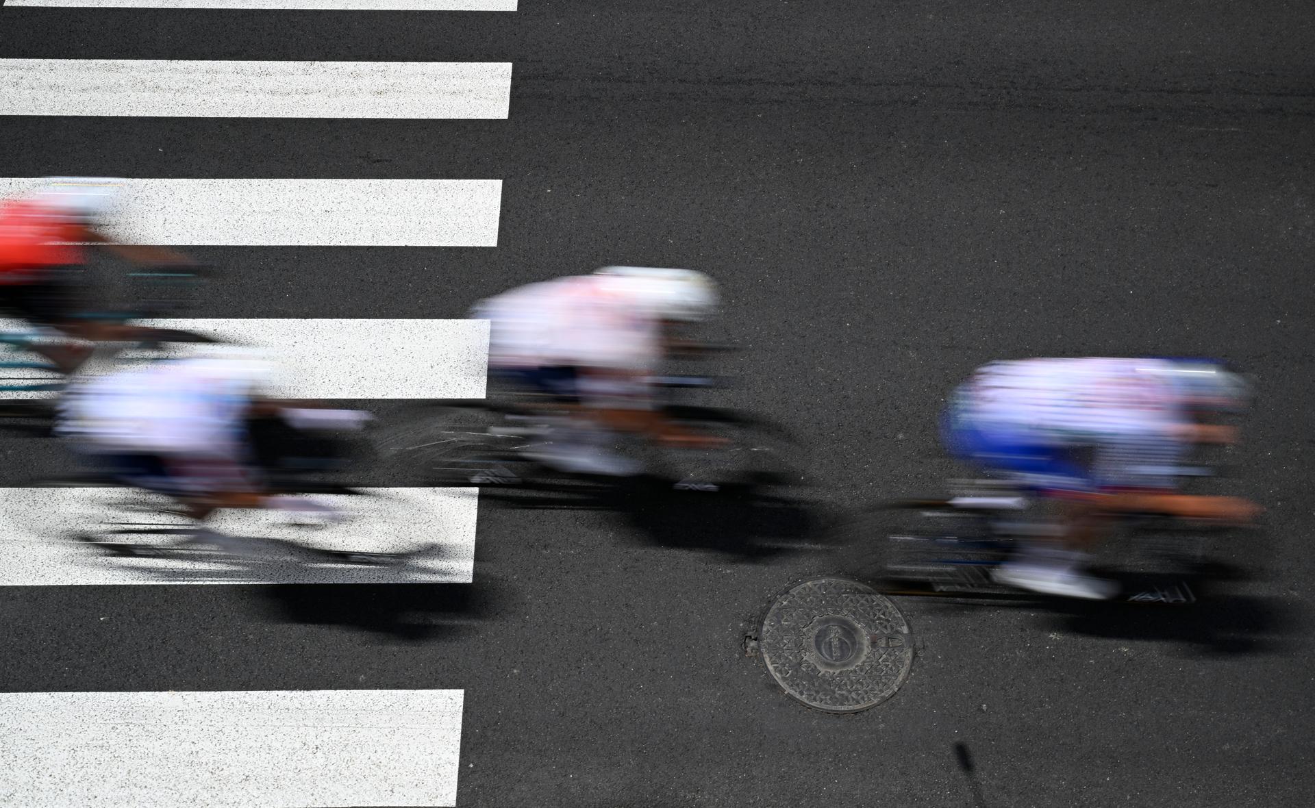 Illustration picture shows cyclists at a zebra crossing during stage 15 of the 2025 Tour de France cycling race, from Muret to Carcasonne (169 km), on Sunday 20 July 2025 in France. The 112th edition of the Tour de France starts on Saturday 5 July in Lille, France, and will finish in Paris, France on the 27th of July. BELGA PHOTO JASPER JACOBS
