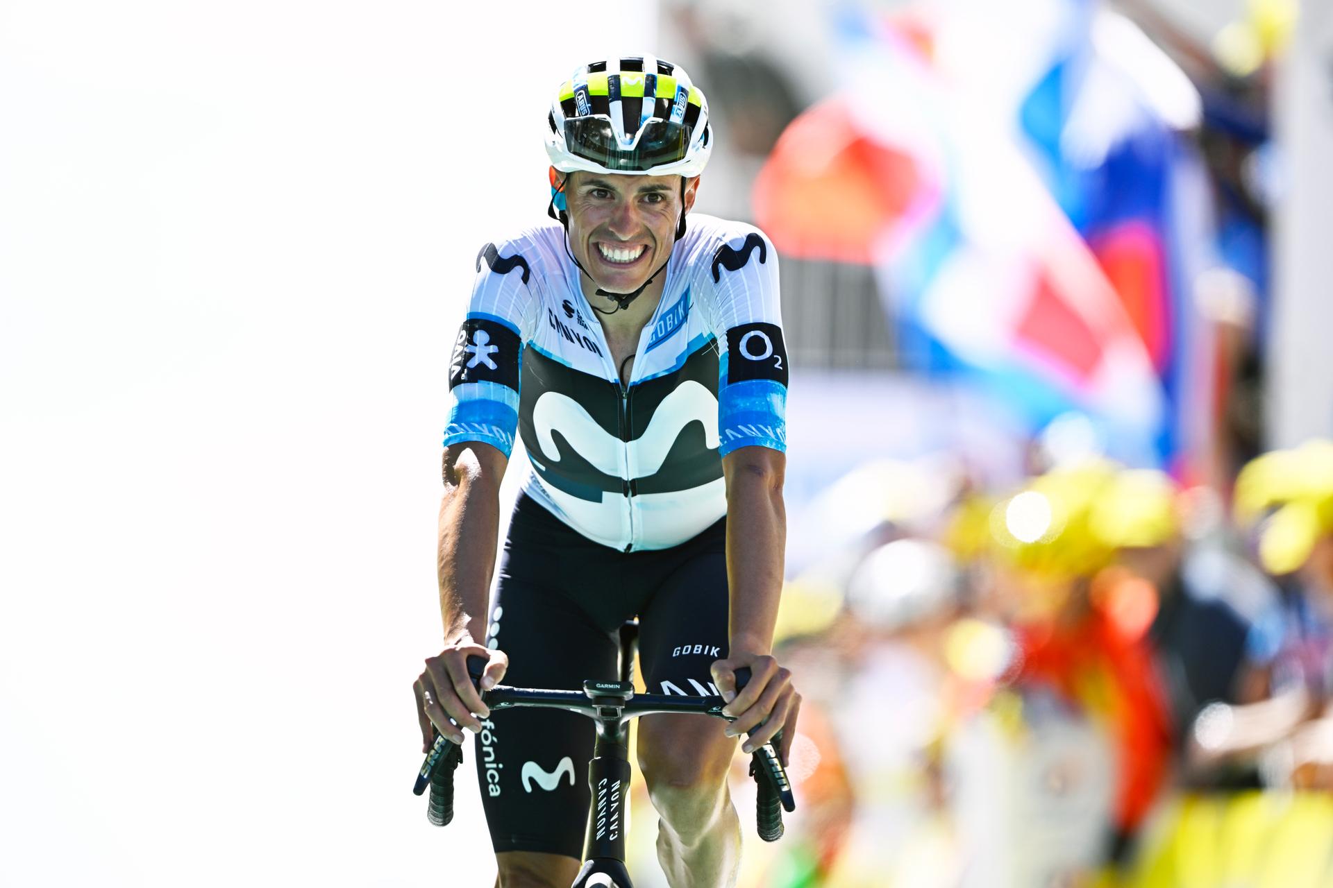Spanish Enric Mas of Movistar Team crosses the finish line of stage 16 of the 2025 Tour de France cycling race, from Montpellier to Mont Ventoux (172 km), on Tuesday 22 July 2025 in France. The 112th edition of the Tour de France starts on Saturday 5 July in Lille, France, and will finish in Paris, France on the 27th of July. BELGA PHOTO JASPER JACOBS
