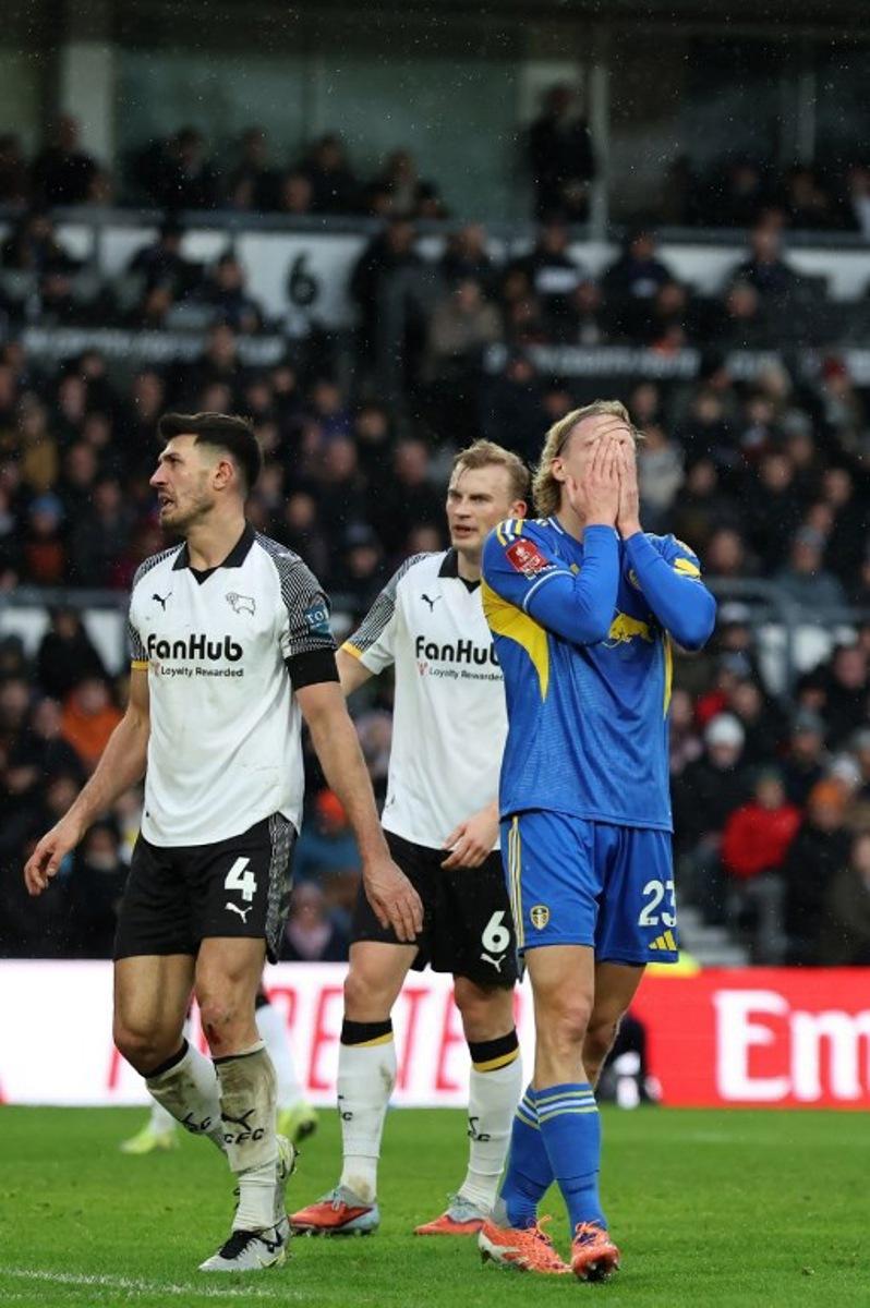 Leeds United's Belgian defender #23 Sebastiaan Bornauw reacts to a missed chance during the English FA Cup third round football match between Derby County and Leeds United at Pride Park Stadium in Derby, central England on January 11, 2026. Darren Staples / AFP