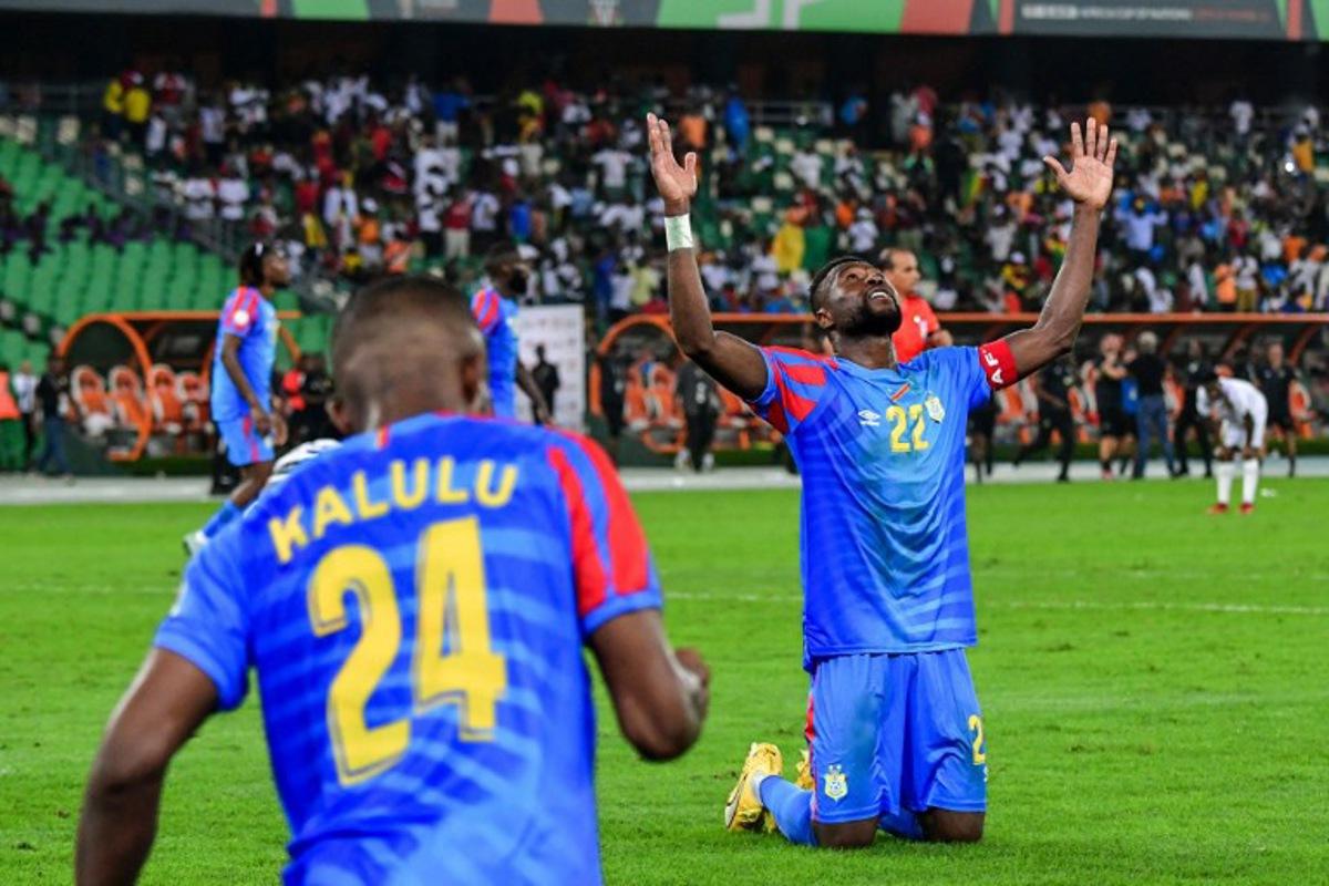 DR Congo's defender #22 Chancel Mbemba reacts during the Africa Cup of Nations (CAN) 2024 quarter-final football match between DR Congo and Guinea at the Alassane Ouattara Stadium in Ebimpe, Abidjan on February 2, 2024. SIA KAMBOU / AFP